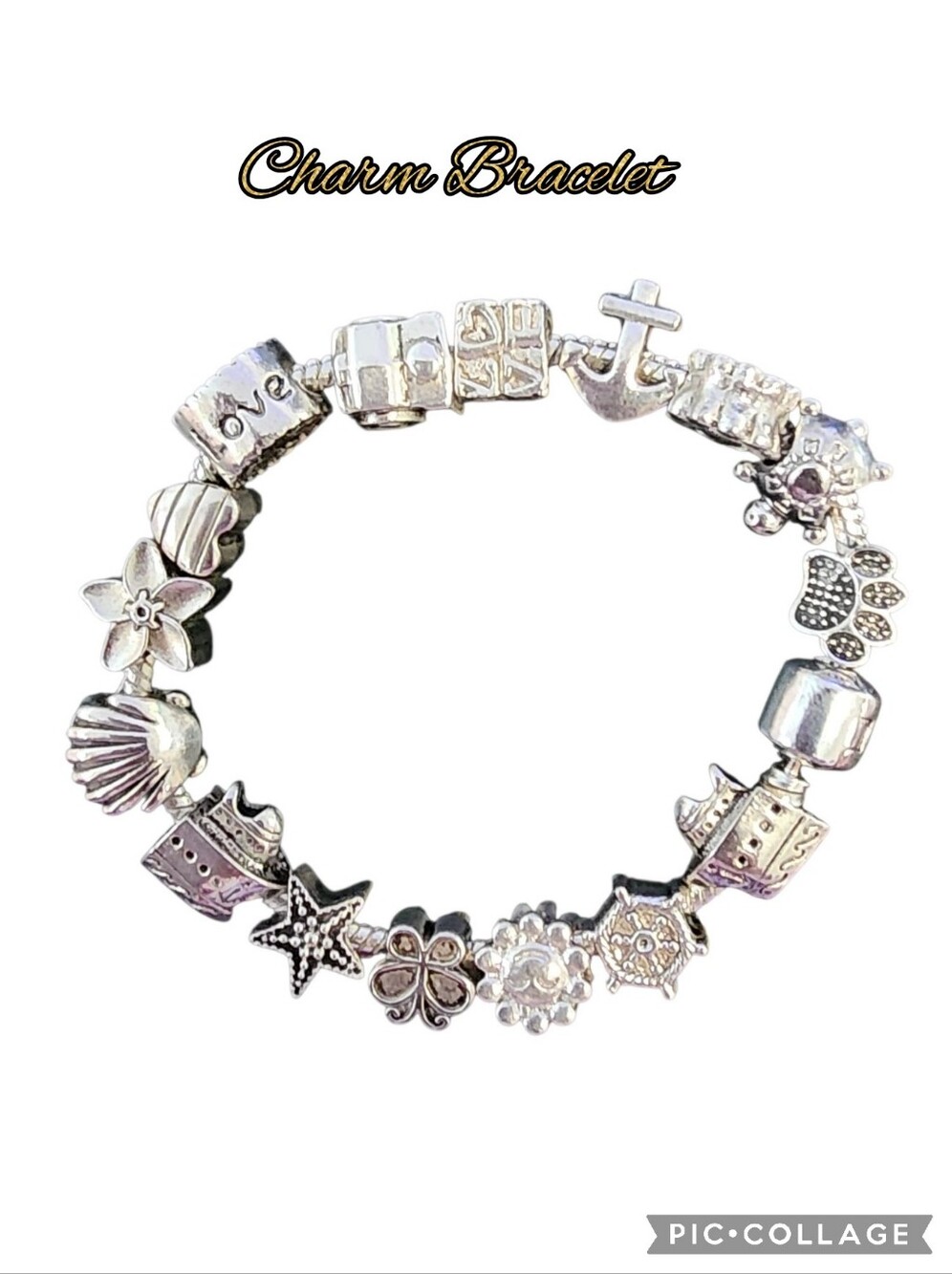 Charm Bracelet silver tone 16 individual charms 7.5" length & secure clasp